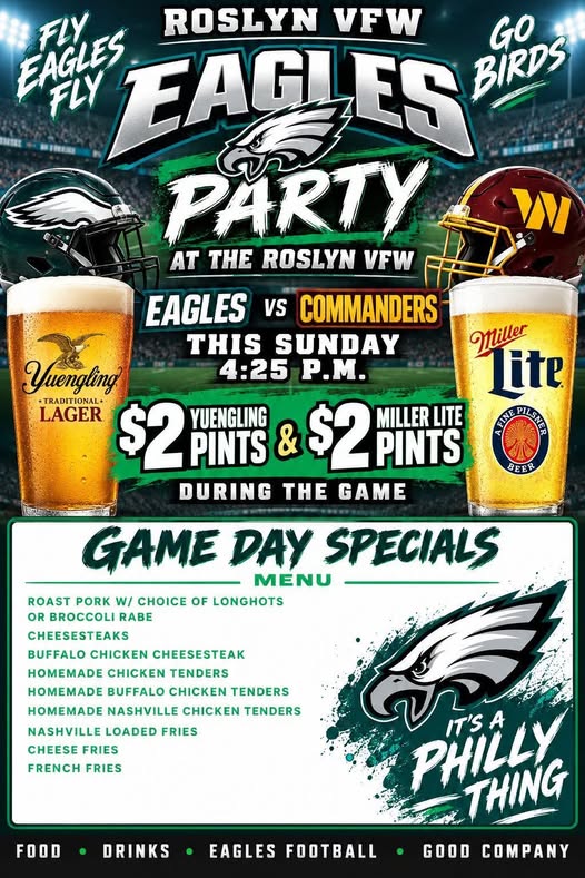 Event flyer for an Eagles game day party at the VFW.