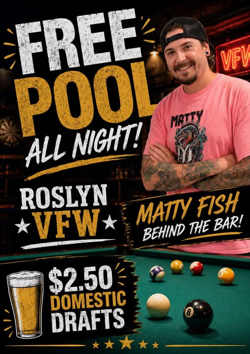 Event flyer for a free pool night at the VFW bar.