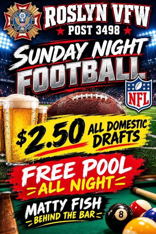 Event flyer for Sunday Night Football at the VFW.